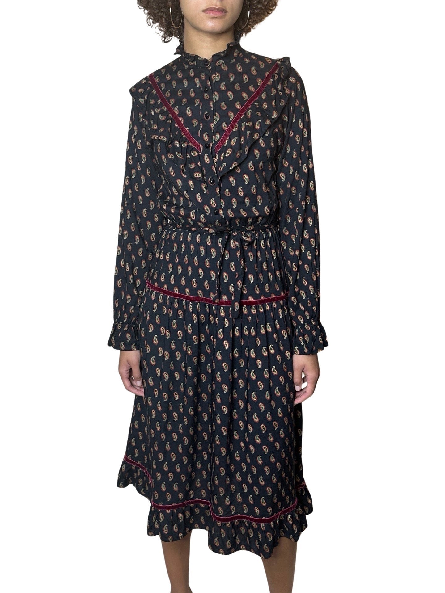 Original 1980's Vintage Paisley Print & Velvet Trim Black Dress UK 8 - 10