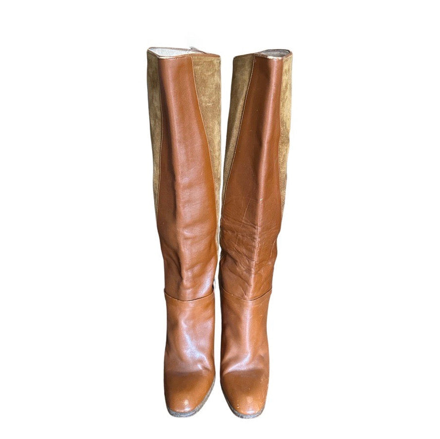 Original Vintage 1970's Brown Tan & Suede Knee High Boots UK 5