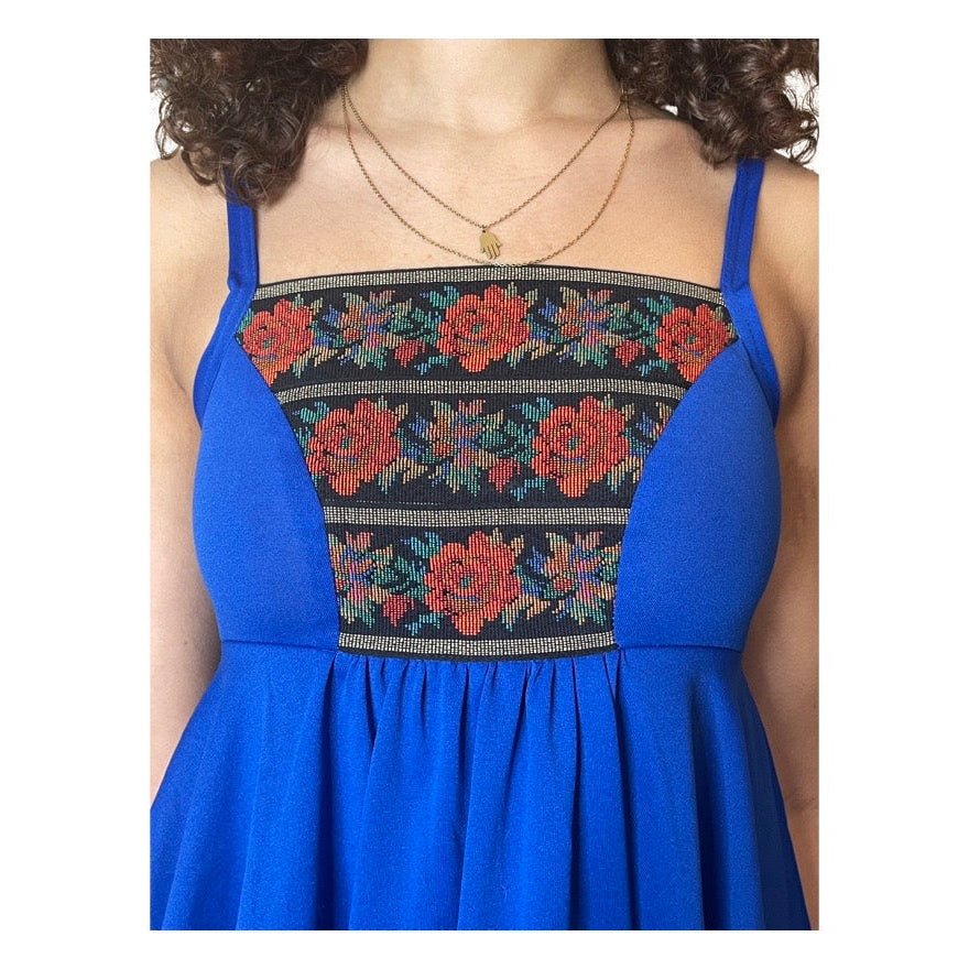 Original Beautiful 1970's Vintage Floral Trim Blue Strapped Dress UK 8 - 10