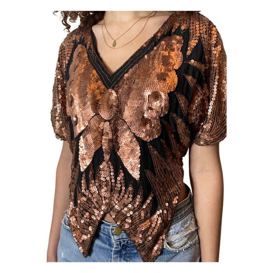 Original Vintage Late 1970's Black & Bronze Silk Sequin Butterfly Top UK 6 - 14