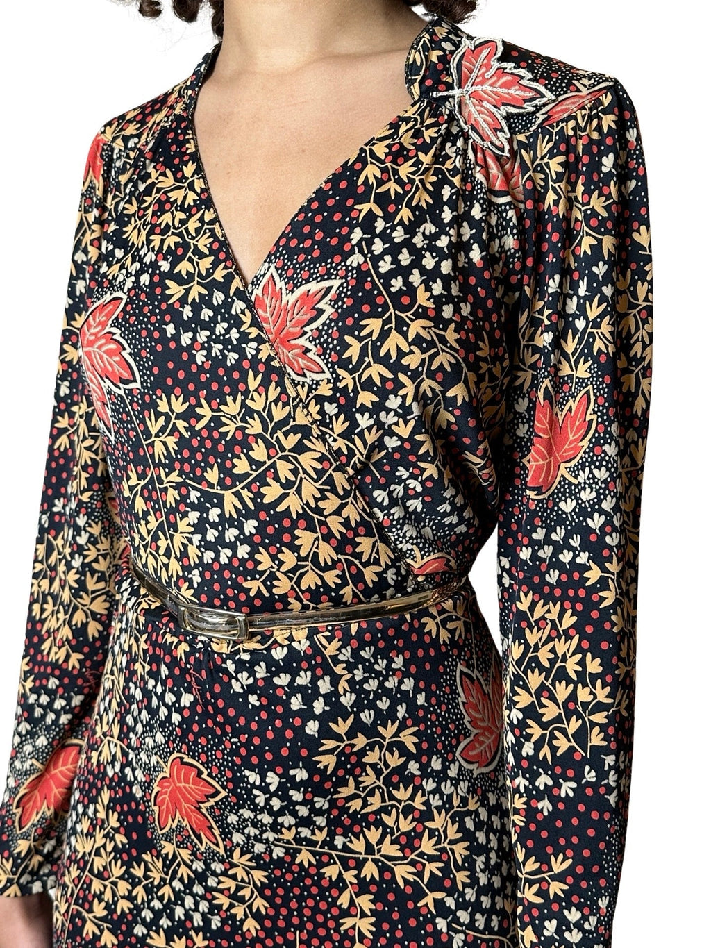 Gorgeous Virginie Autumnal Leaf Print 1970's Vintage Dress UK 8 - 12