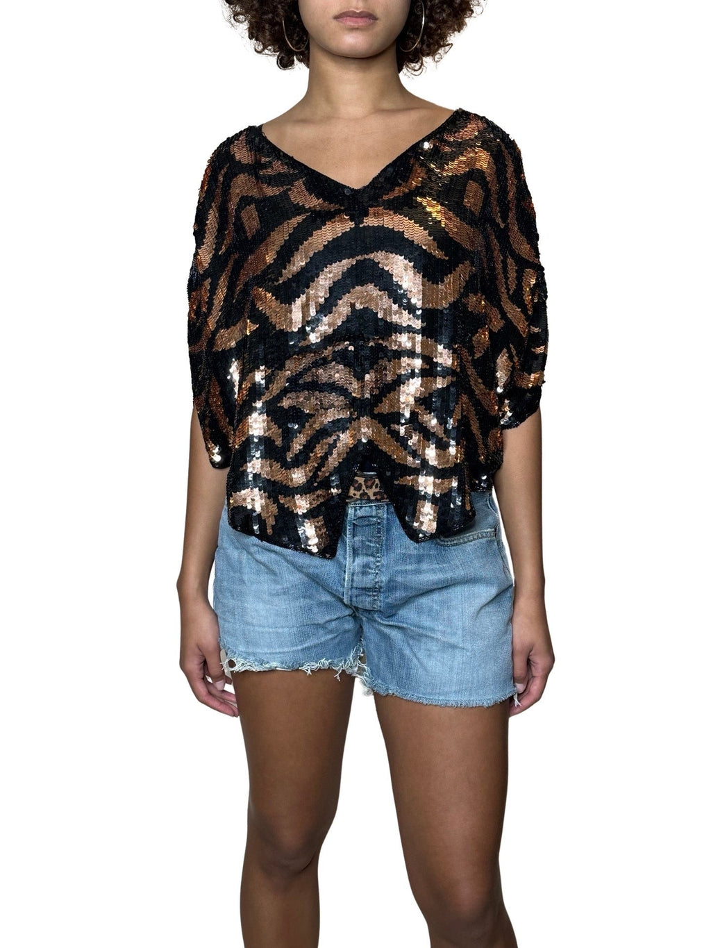 Original 1990's Vintage Tiger Print Black & Bronze Sequin Top UK 8 - 12