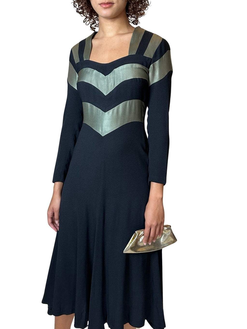 1970's Original Vintage Very Rare Ossie Clark Black & Metallic Green Dress UK 8 - 10