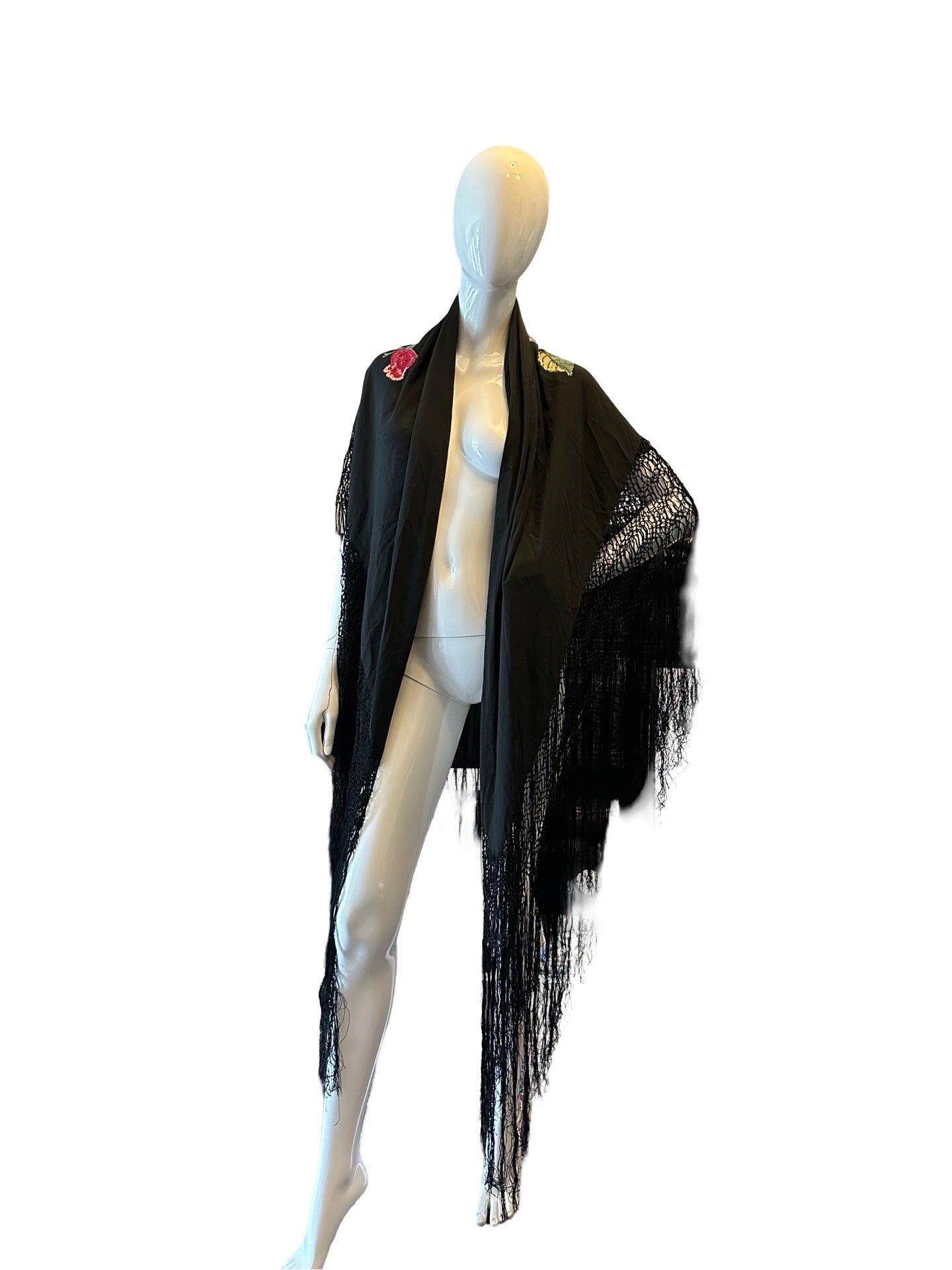 Original Vintage Black &amp; Embroidered Floral Piano Shawl 100% Silk Scarf