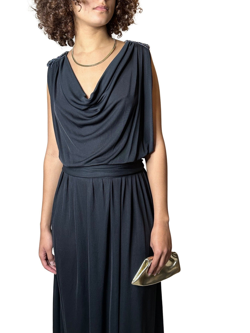 Original 1970's Vintage Black Disco Dress With Sequin Shoulder Detailing UK 8 - 12