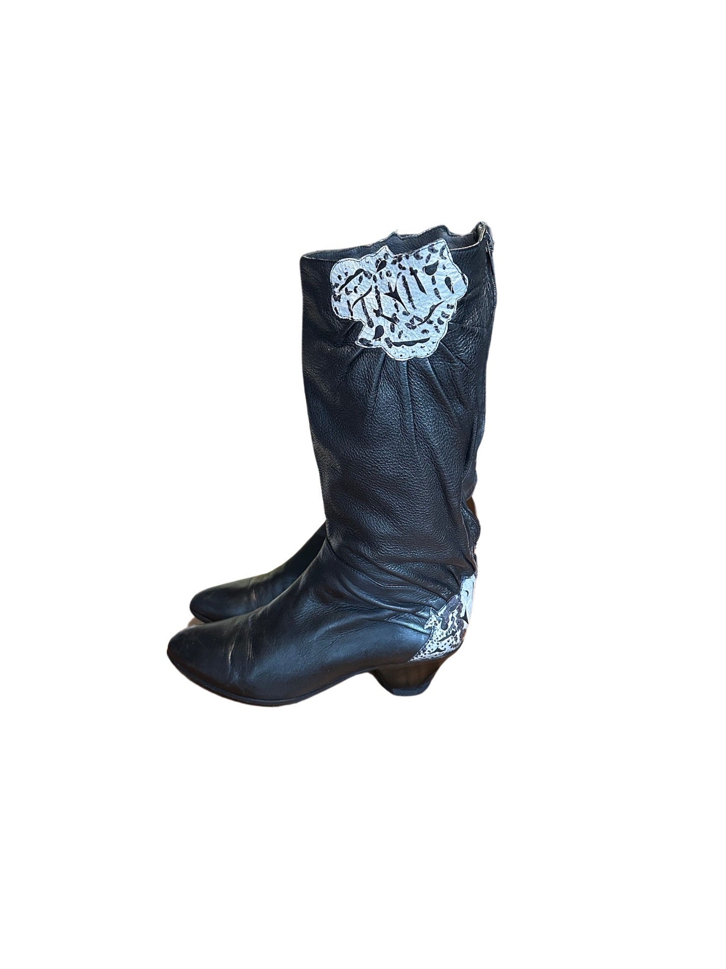 Original 1980's Vintage Black Leather Boots With Snakeskin Detailing UK 6