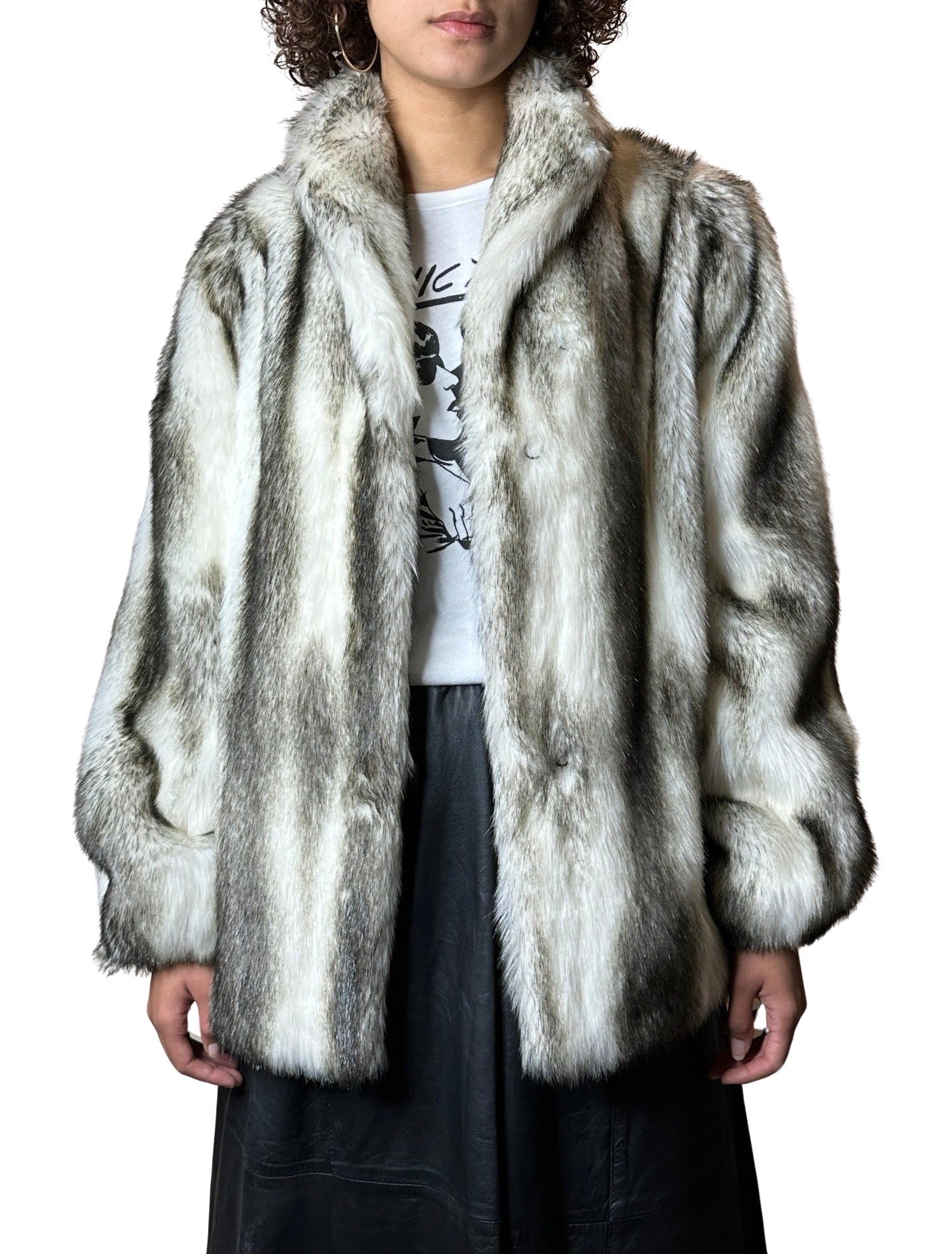 Stunning Original 1970's Vintage White / Black Faux Fur Coat UK 8 - 14