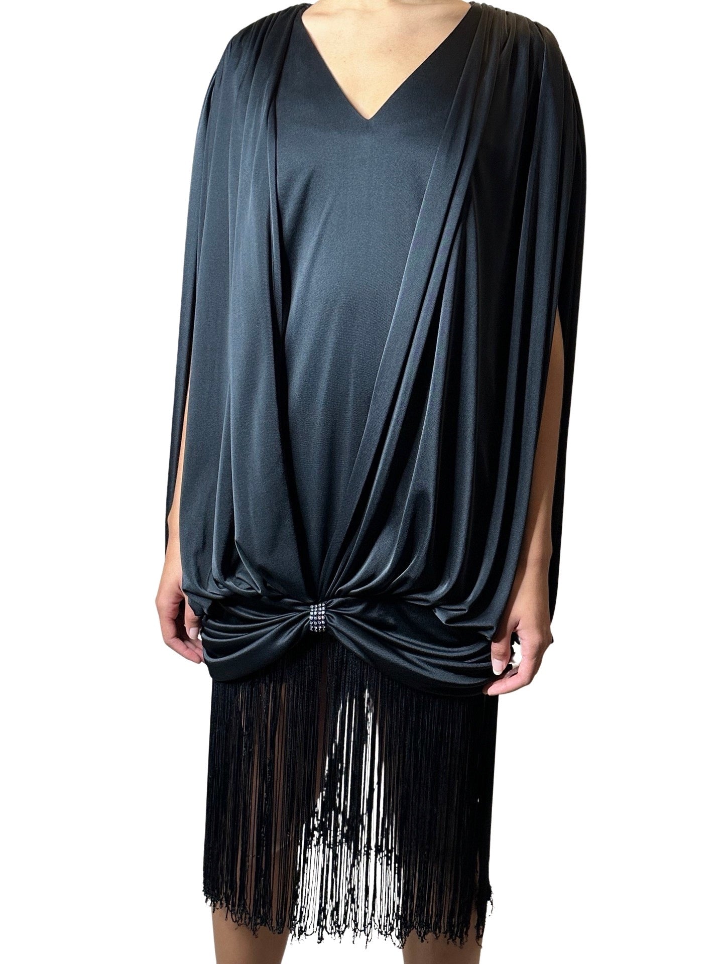 Unusual Original 1980's Vintage Black Dress with Fringing UK 8 - 14