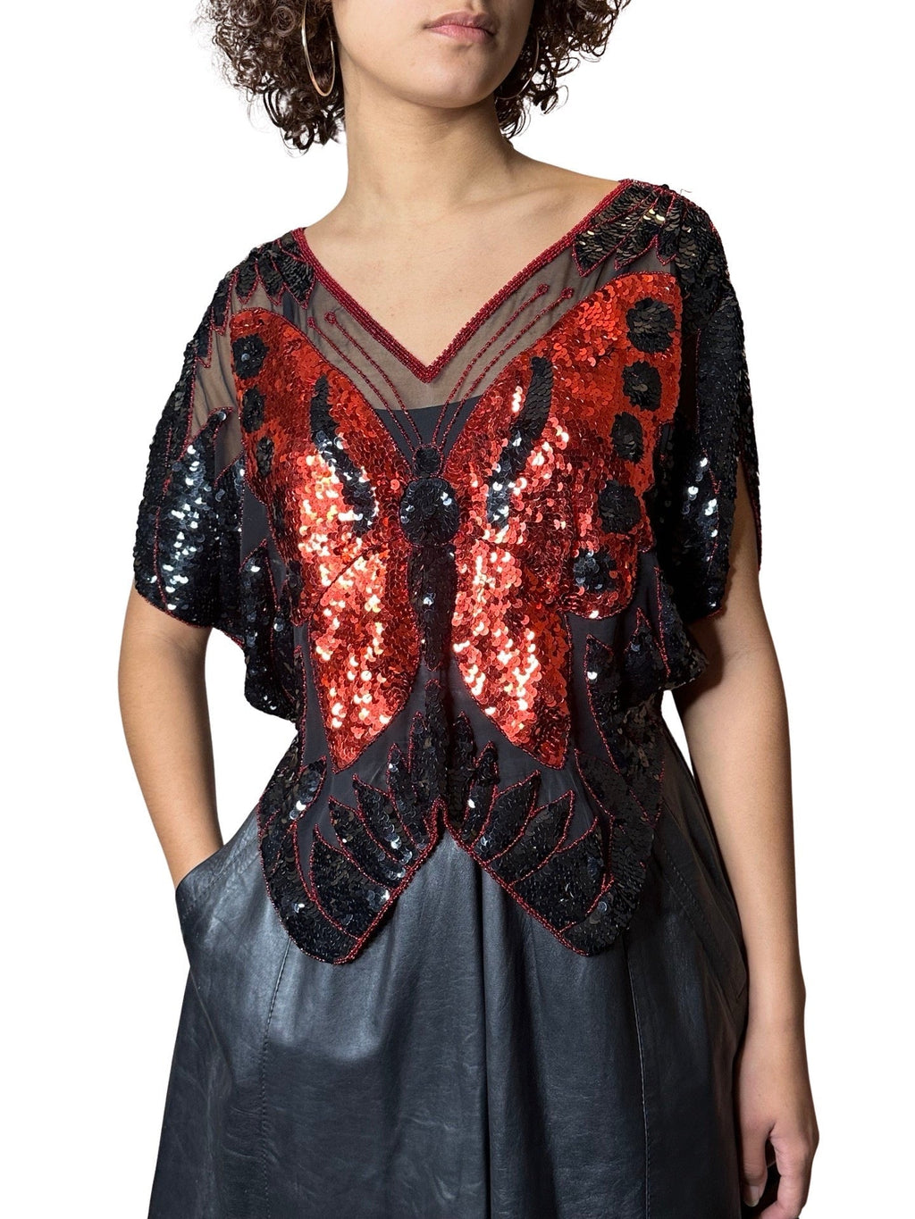 Original 1970's Vintage Black / Red Sequinned Butterfly Top UK 8 - 12