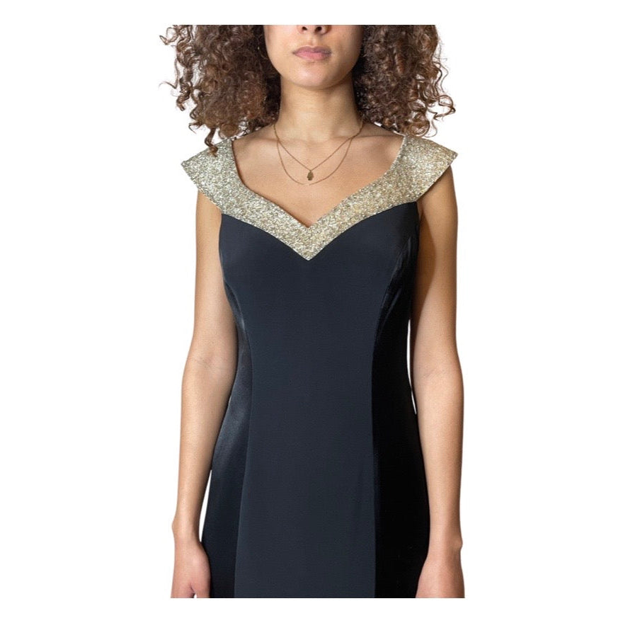 Vintage 1990's Black Crepe / Satin & Silver Beaded Dress UK 12