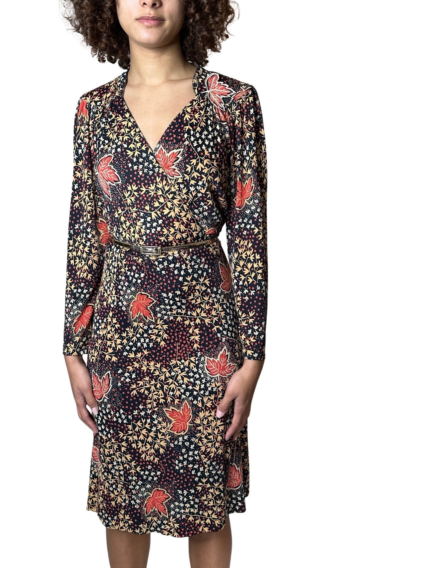 Gorgeous Virginie Autumnal Leaf Print 1970's Vintage Dress UK 8 - 12