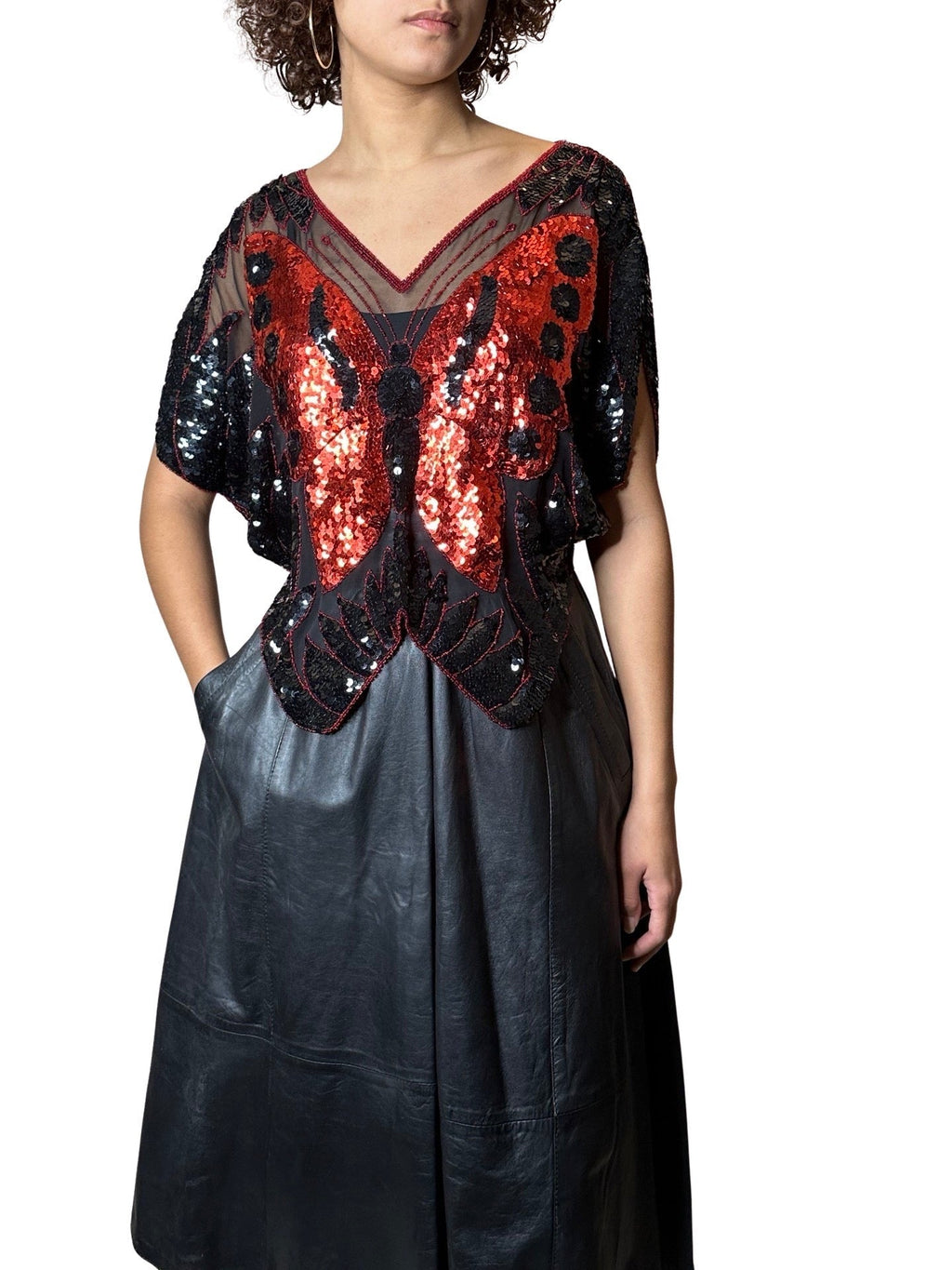 Original 1970's Vintage Black / Red Sequinned Butterfly Top UK 8 - 12