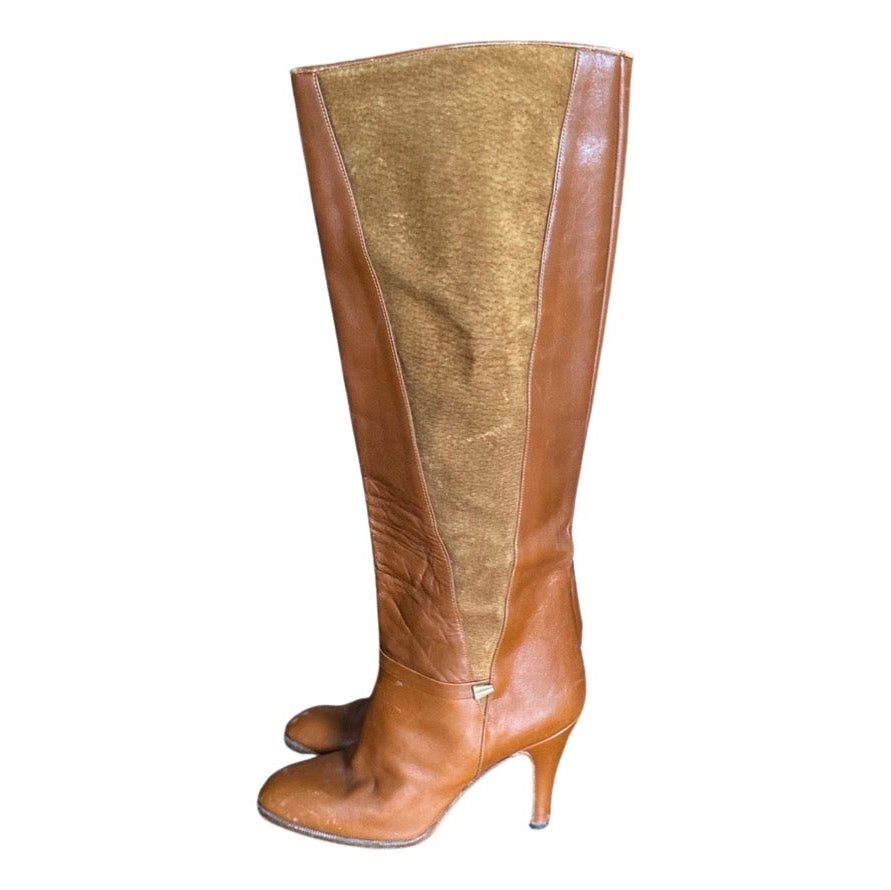 Original Vintage 1970's Brown Tan & Suede Knee High Boots UK 5