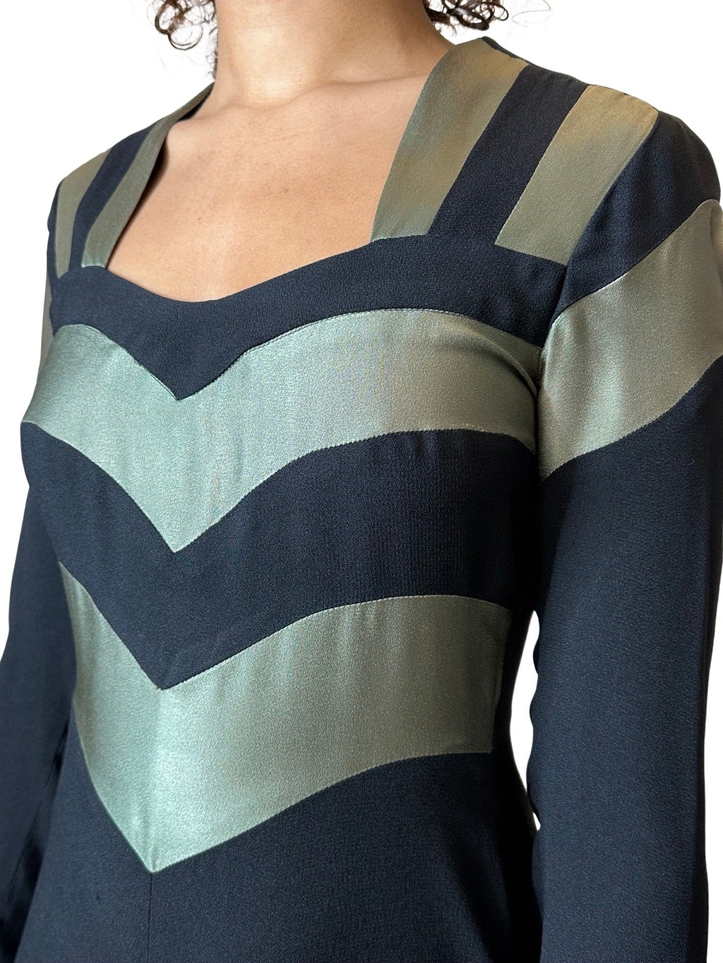 1970's Original Vintage Very Rare Ossie Clark Black & Metallic Green Dress UK 8 - 10