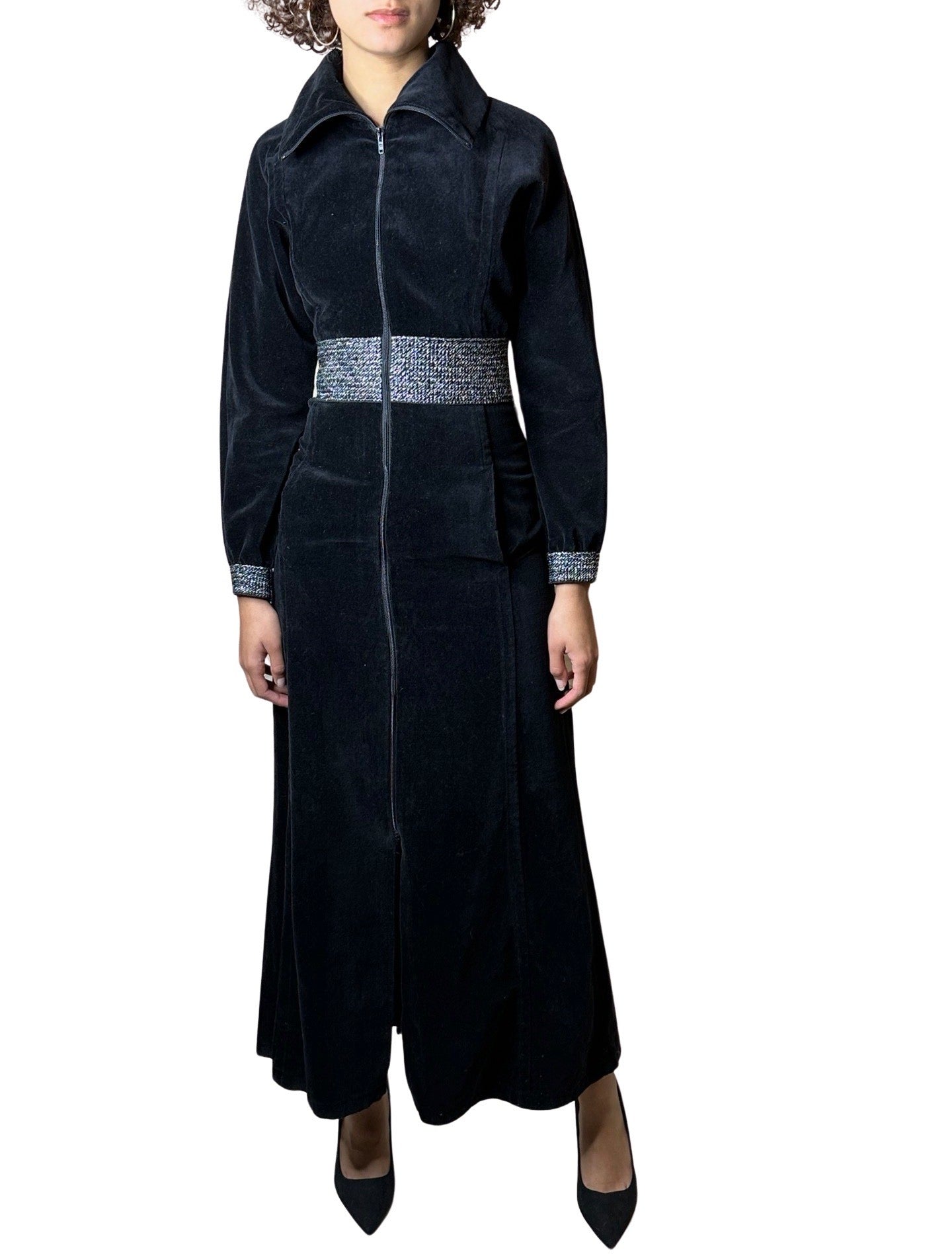 Original Vintage 1970's Pierre Cardin Black Velvet Maxi Dress UK 10 - 12