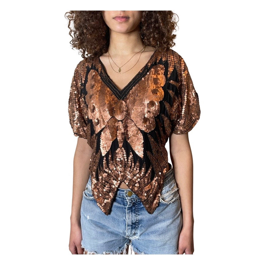 Original Vintage Late 1970's Black & Bronze Silk Sequin Butterfly Top UK 6 - 14