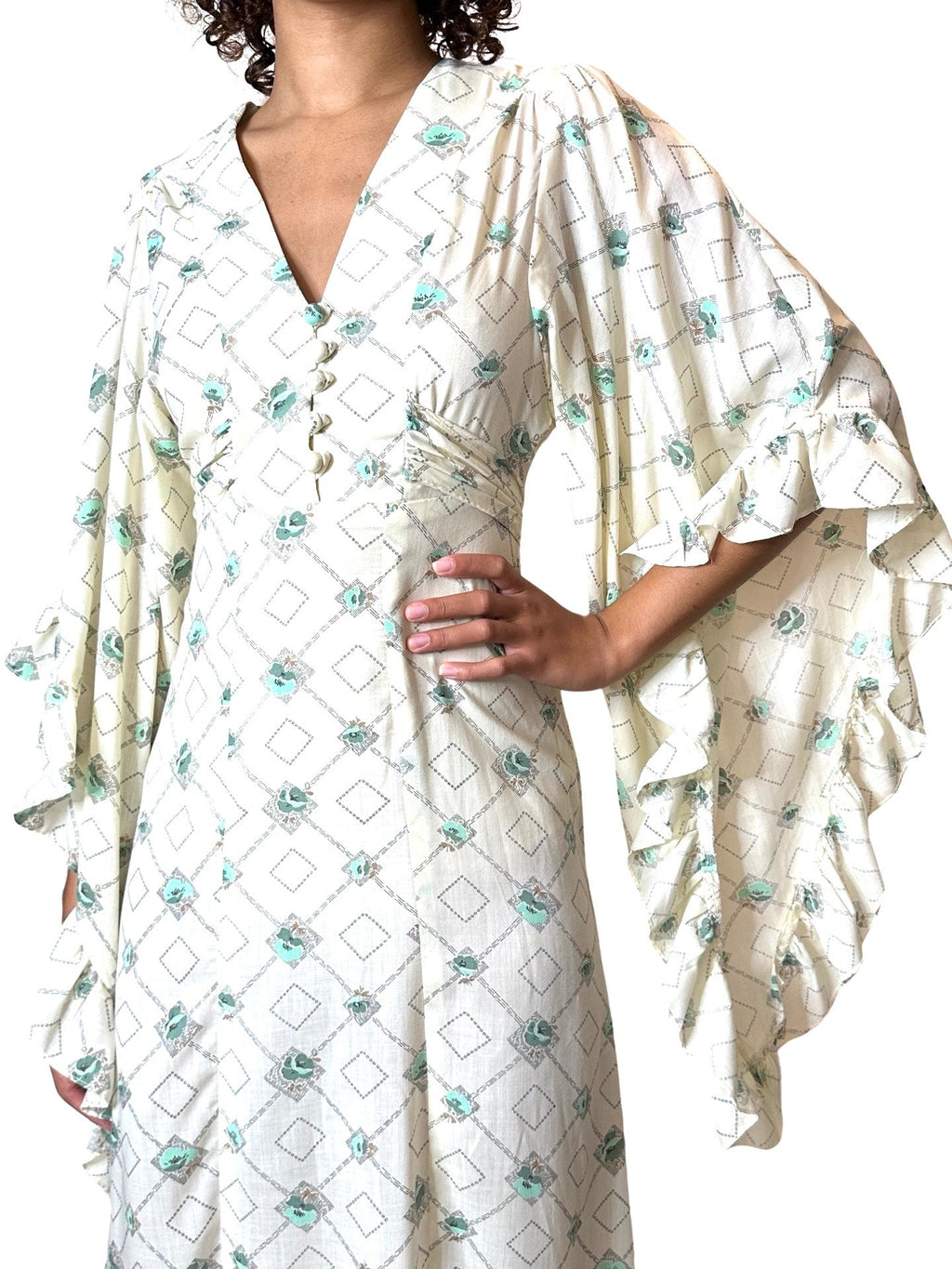 1970's Vintage Cream Printed Angel Sleeve Wedding Dress UK 8 - 14