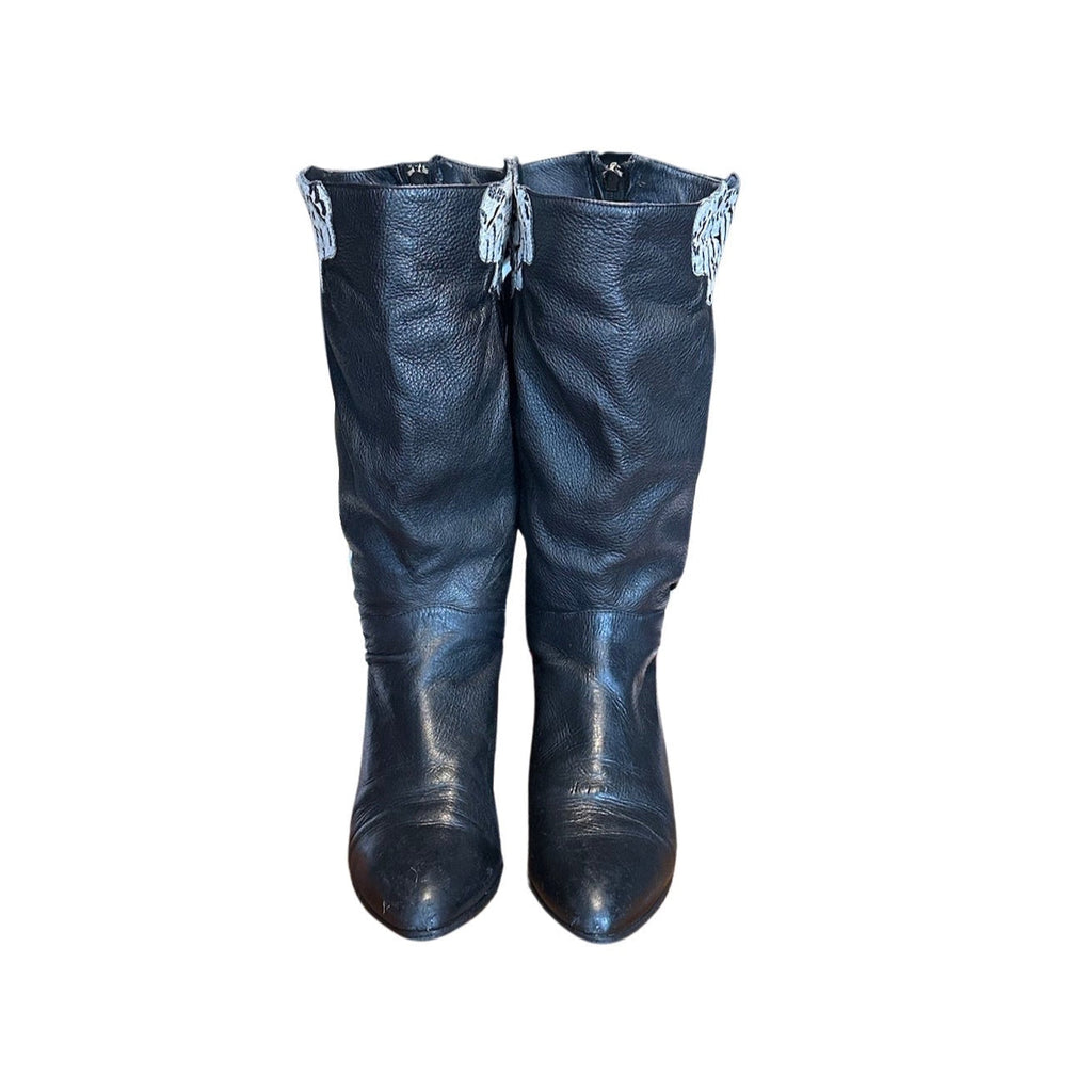 Original 1980's Vintage Black Leather Boots With Snakeskin Detailing UK 6