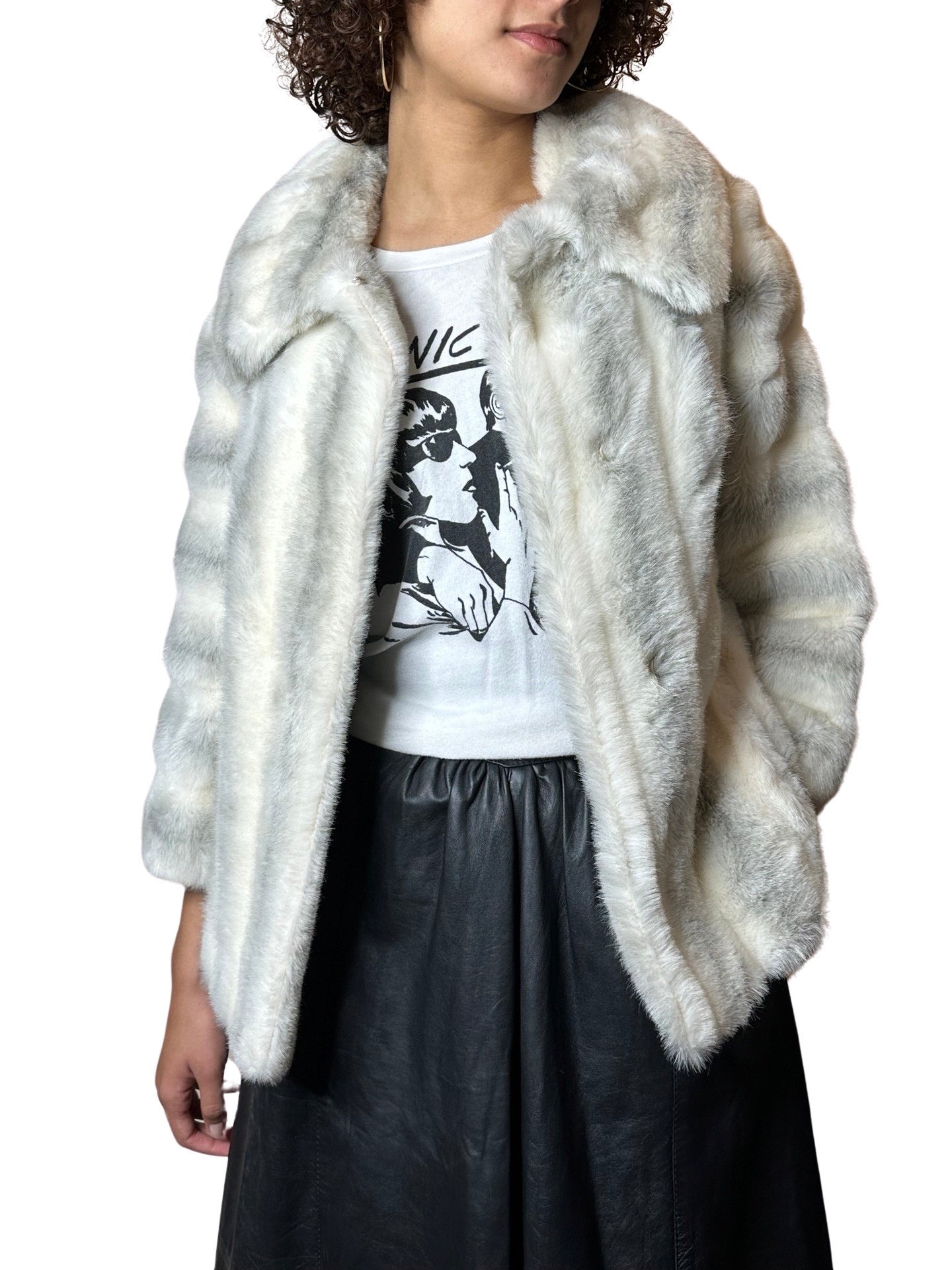 Original 1970's Vintage White & Grey Faux Fur Coat UK 8 - 12