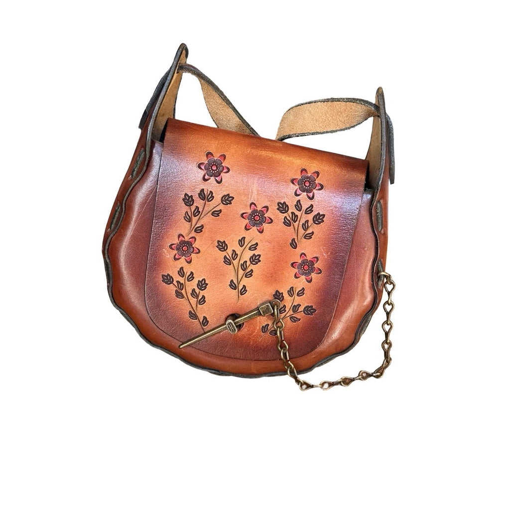 Original Vintage 1970's Brown Floral Tooled Leather Bag