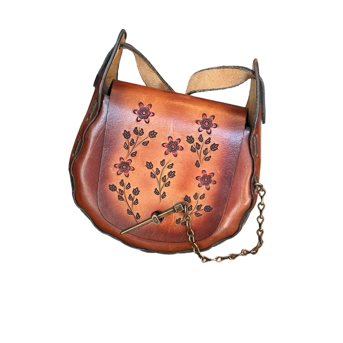 Original Vintage 1970's Brown Floral Tooled Leather Bag