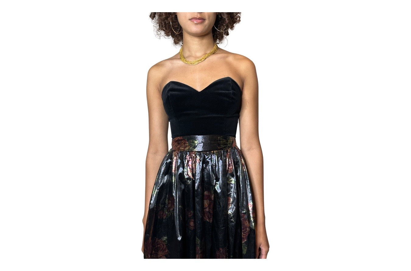 Original 1970's Vintage Black Velvet & Bronze Floral Print Dress by Radley UK 8 - 12