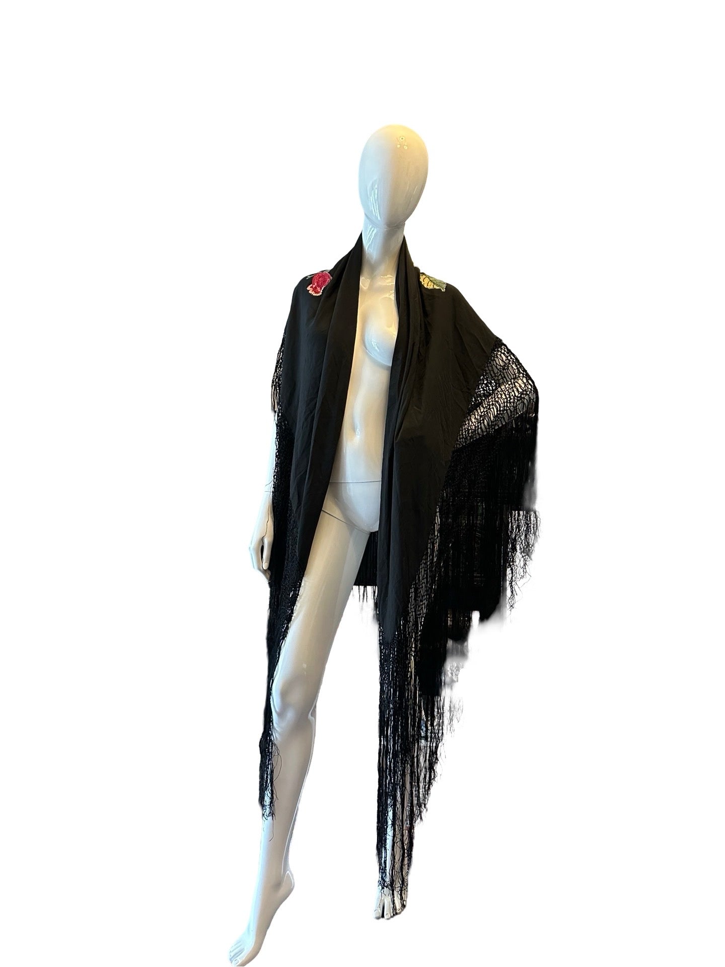 Original Vintage Black &amp; Embroidered Floral Piano Shawl 100% Silk Scarf