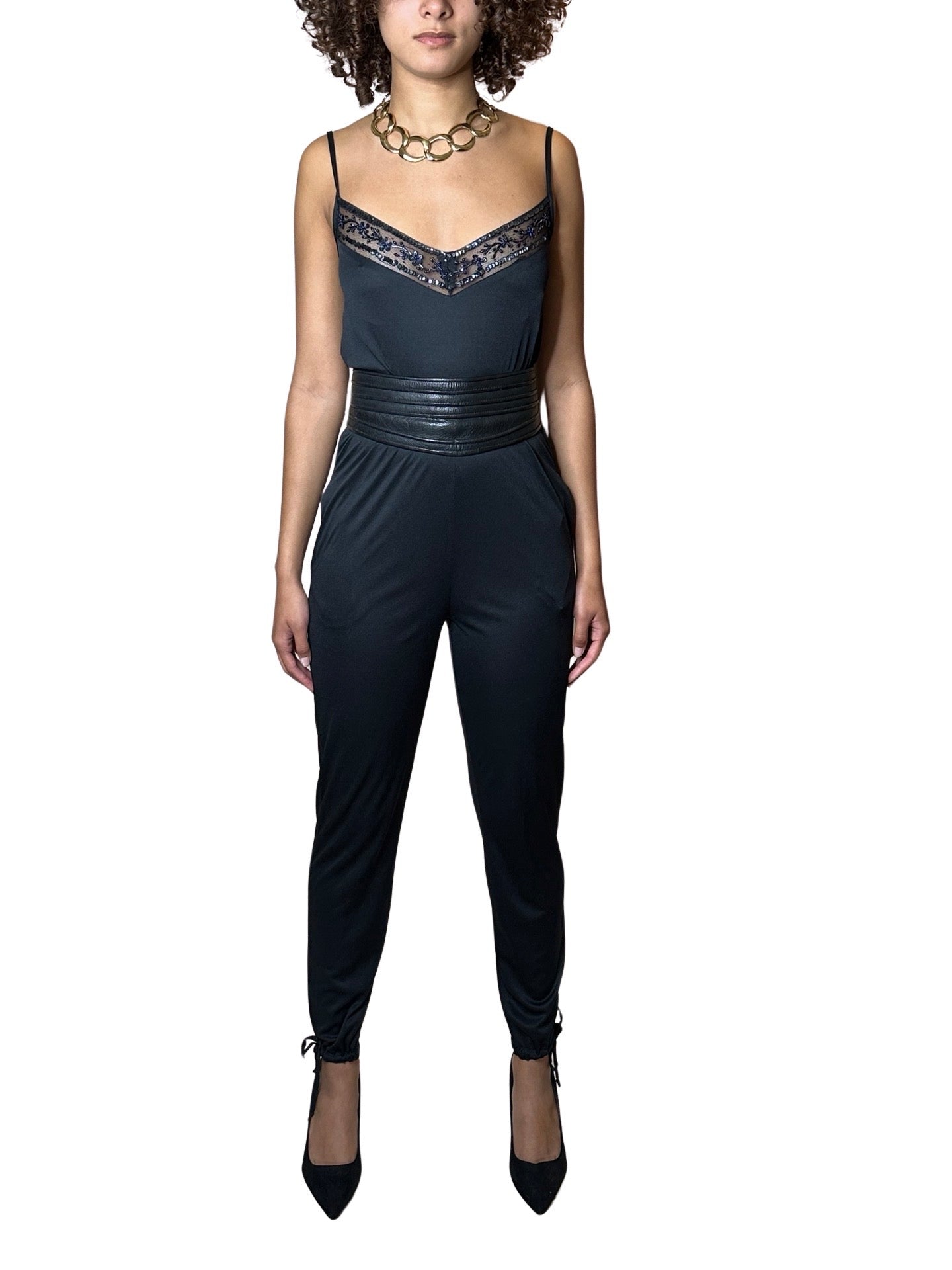 Original 1980's Vintage Black Beaded Detail Jumpsuit UK 8 - 10