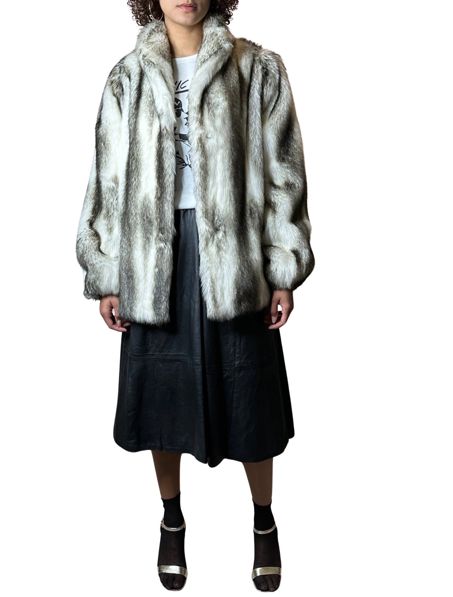 Stunning Original 1970's Vintage White / Black Faux Fur Coat UK 8 - 14