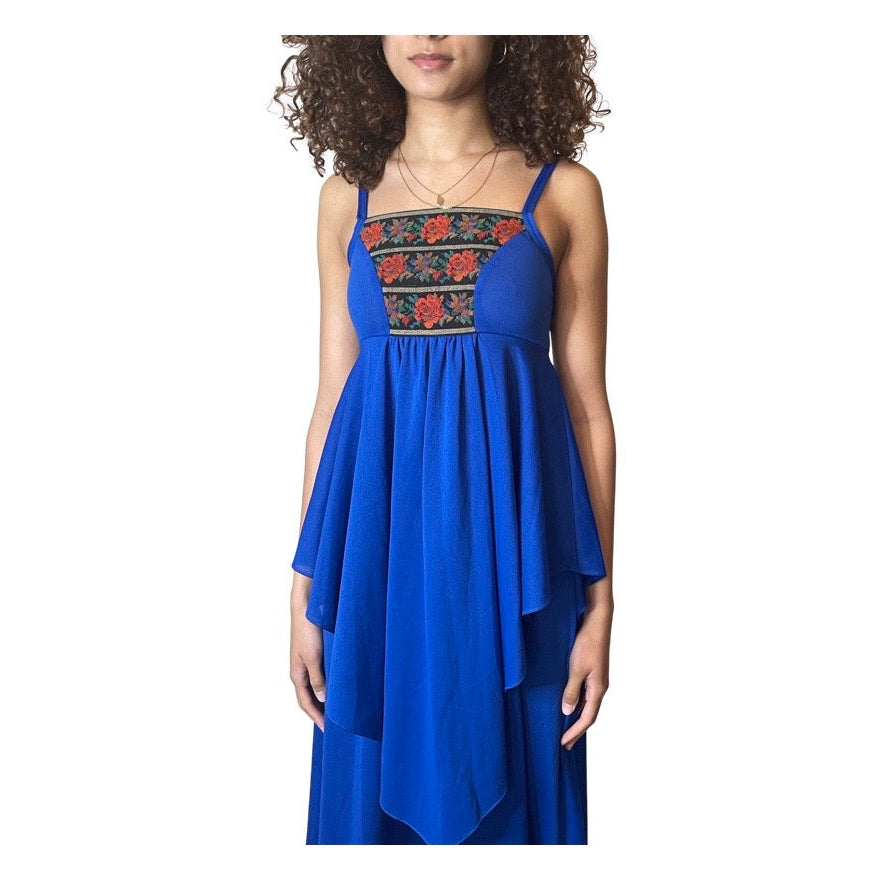 Original Beautiful 1970's Vintage Floral Trim Blue Strapped Dress UK 8 - 10