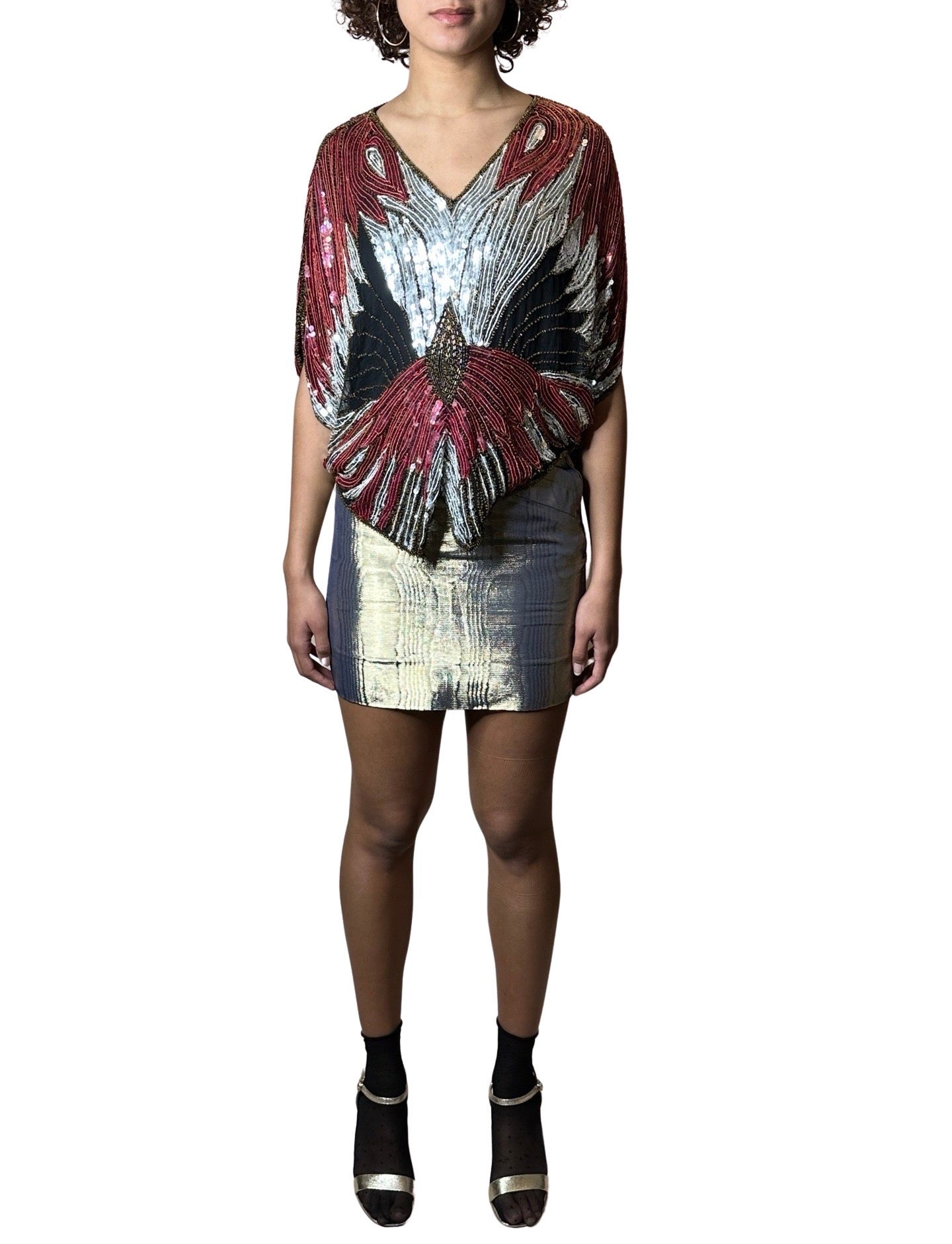 Original Vintage Late 1970's Red / Silver / Black Sequinned Butterfly Top UK 8 - 14