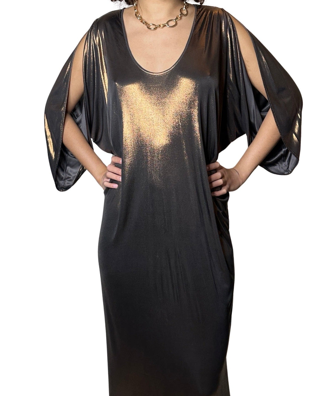Incredible Vintage Halston Gold / Bronze Kaftan Dress Uk 8 - 14