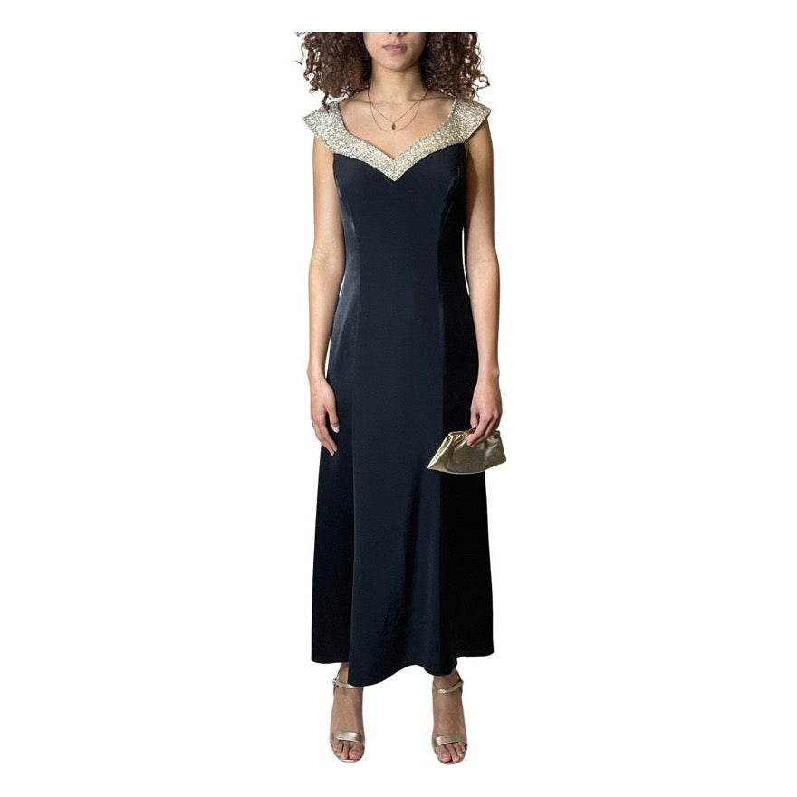 Vintage 1990's Black Crepe / Satin & Silver Beaded Dress UK 12