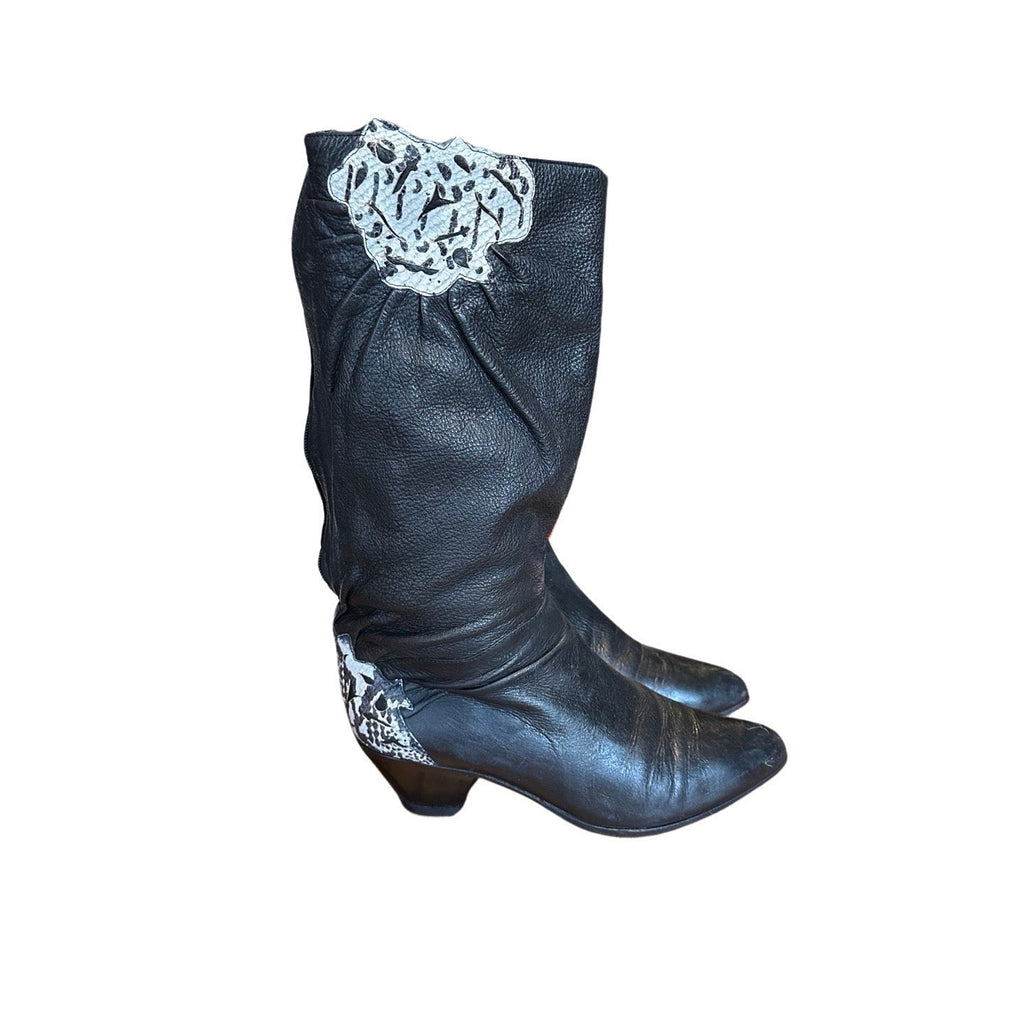 Original 1980's Vintage Black Leather Boots With Snakeskin Detailing UK 6
