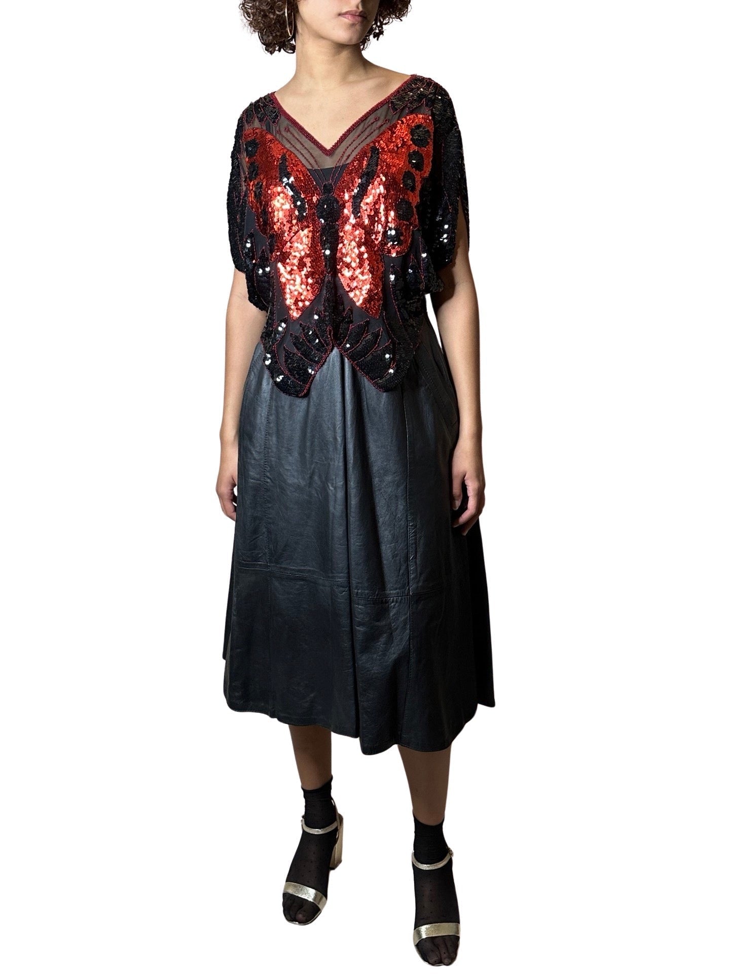 Original 1970's Vintage Black / Red Sequinned Butterfly Top UK 8 - 12