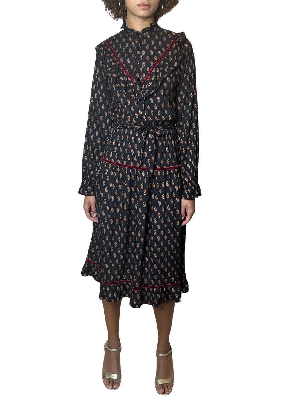 Original 1980's Vintage Paisley Print & Velvet Trim Black Dress UK 8 - 10
