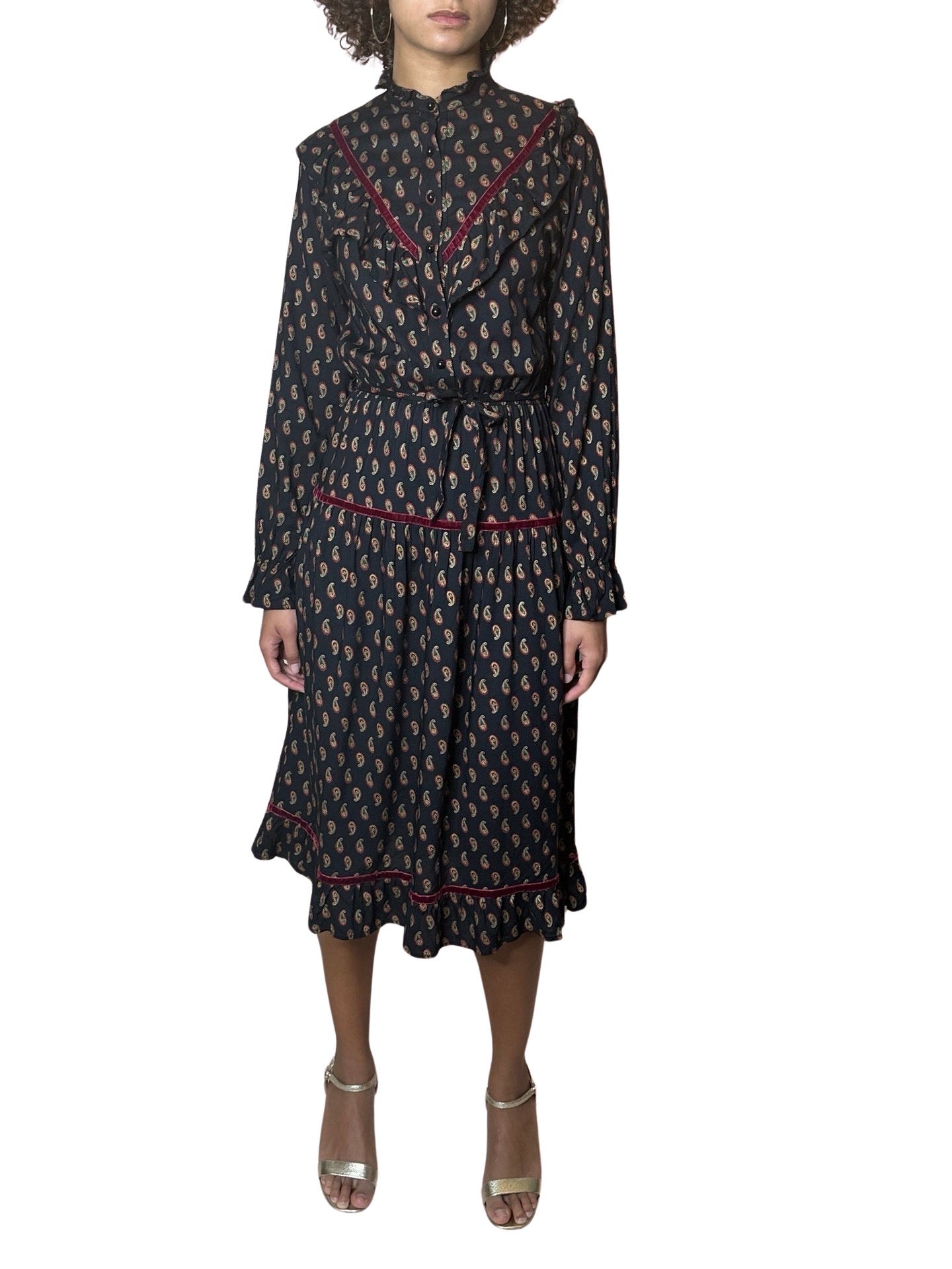 Original 1980's Vintage Paisley Print & Velvet Trim Black Dress UK 8 - 10