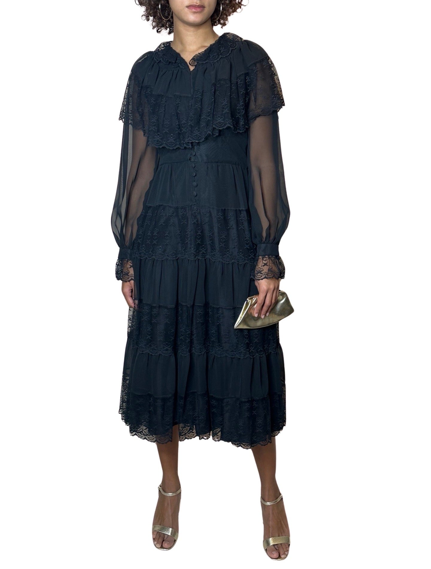 Original 1970's Vintage Black Sheer & Lace Dress UK 12 - 14