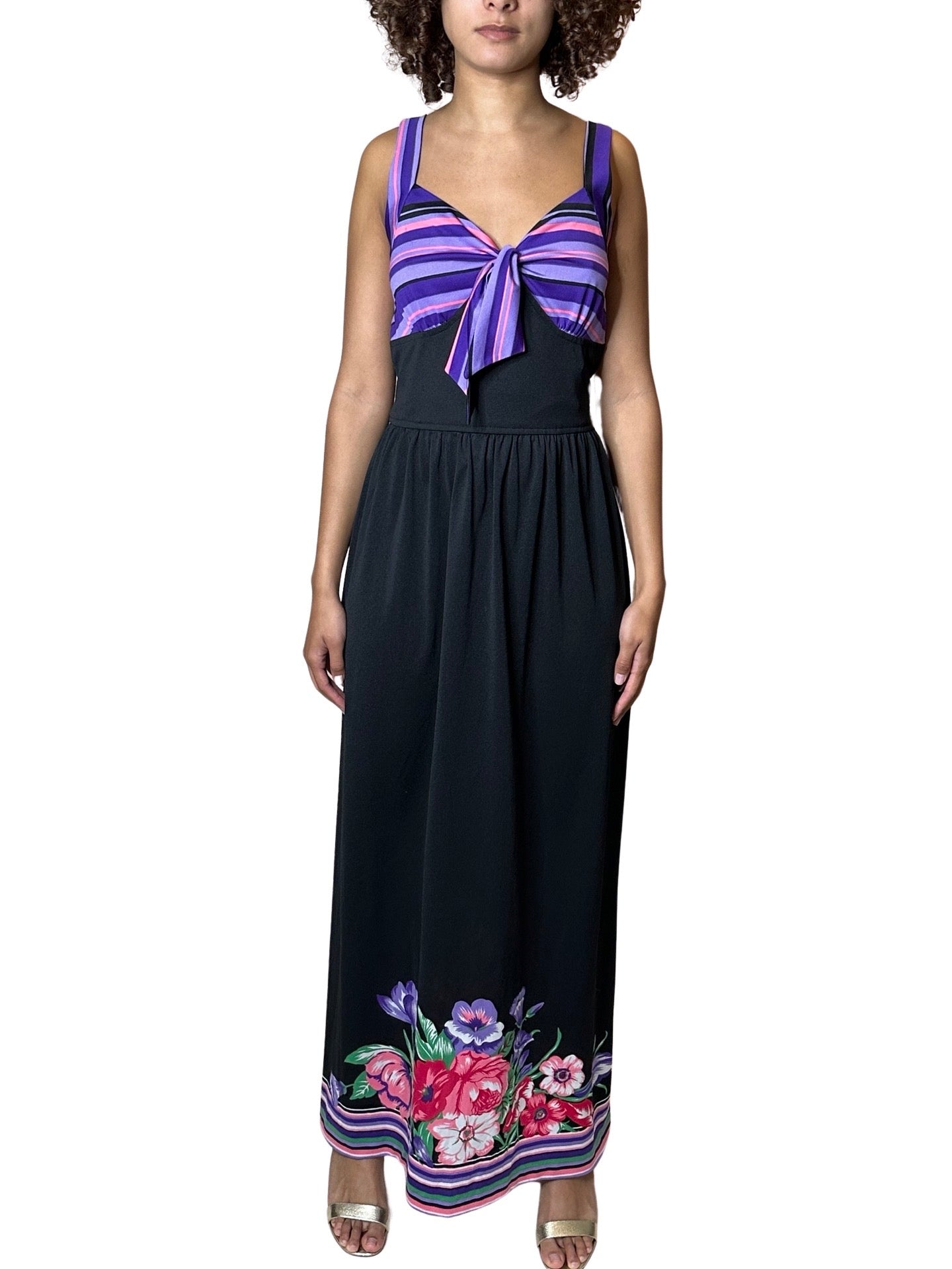 Original 1970's Vintage Black & Floral Print Maxi Dress UK 12 - 14