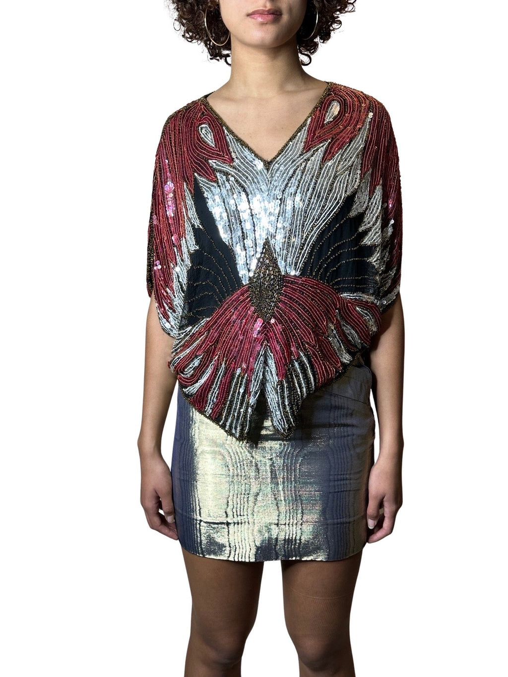 Original Vintage Late 1970's Red / Silver / Black Sequinned Butterfly Top UK 8 - 14