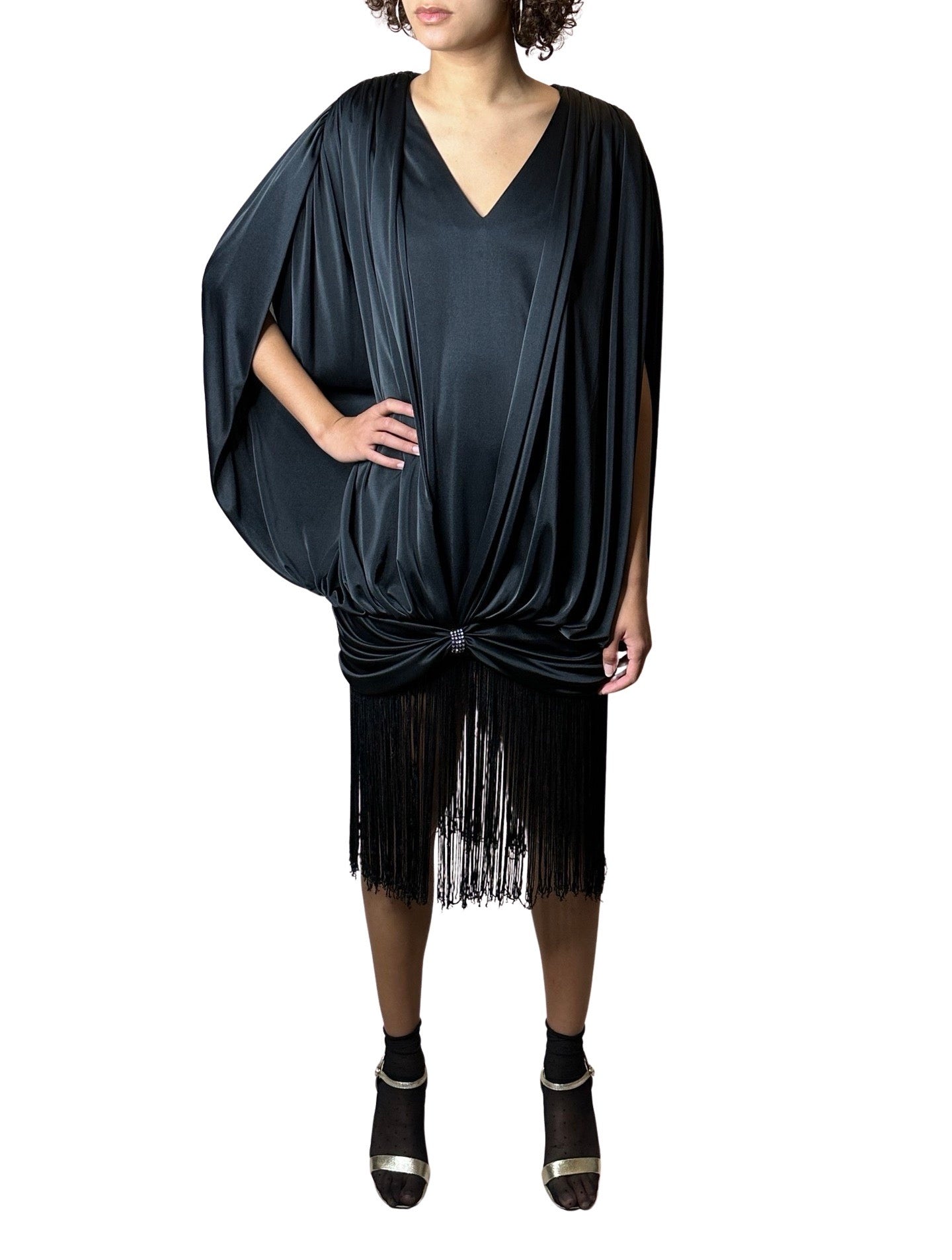 Unusual Original 1980's Vintage Black Dress with Fringing UK 8 - 14