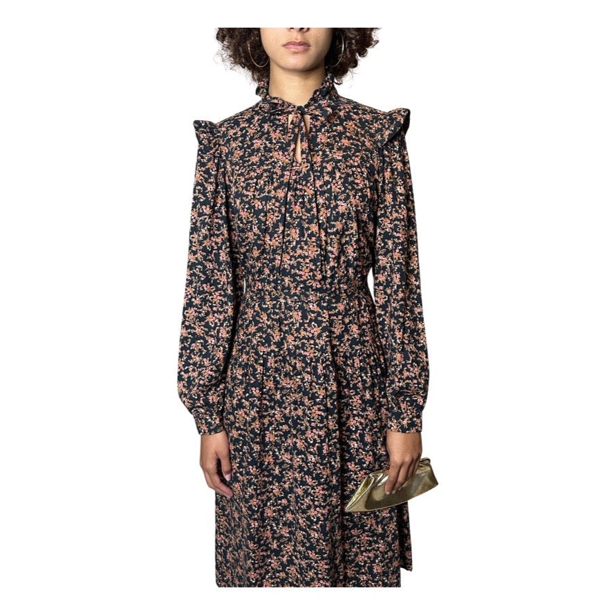 Gorgeous Original 1970's Vintage Black Dress With Floral Print UK 10 - 12