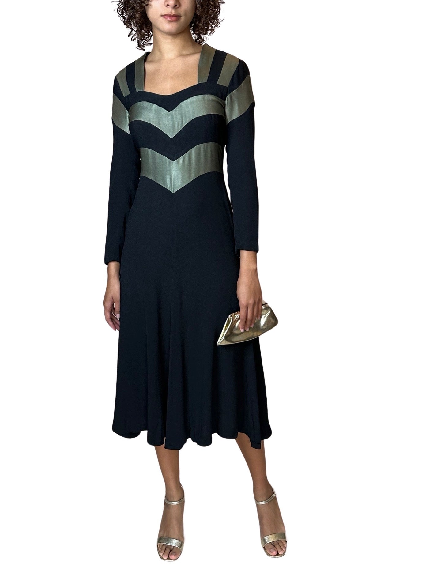 1970's Original Vintage Very Rare Ossie Clark Black & Metallic Green Dress UK 8 - 10