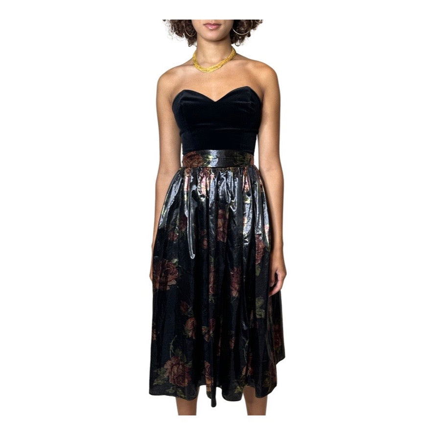 Original 1970's Vintage Black Velvet & Bronze Floral Print Dress by Radley UK 8 - 12