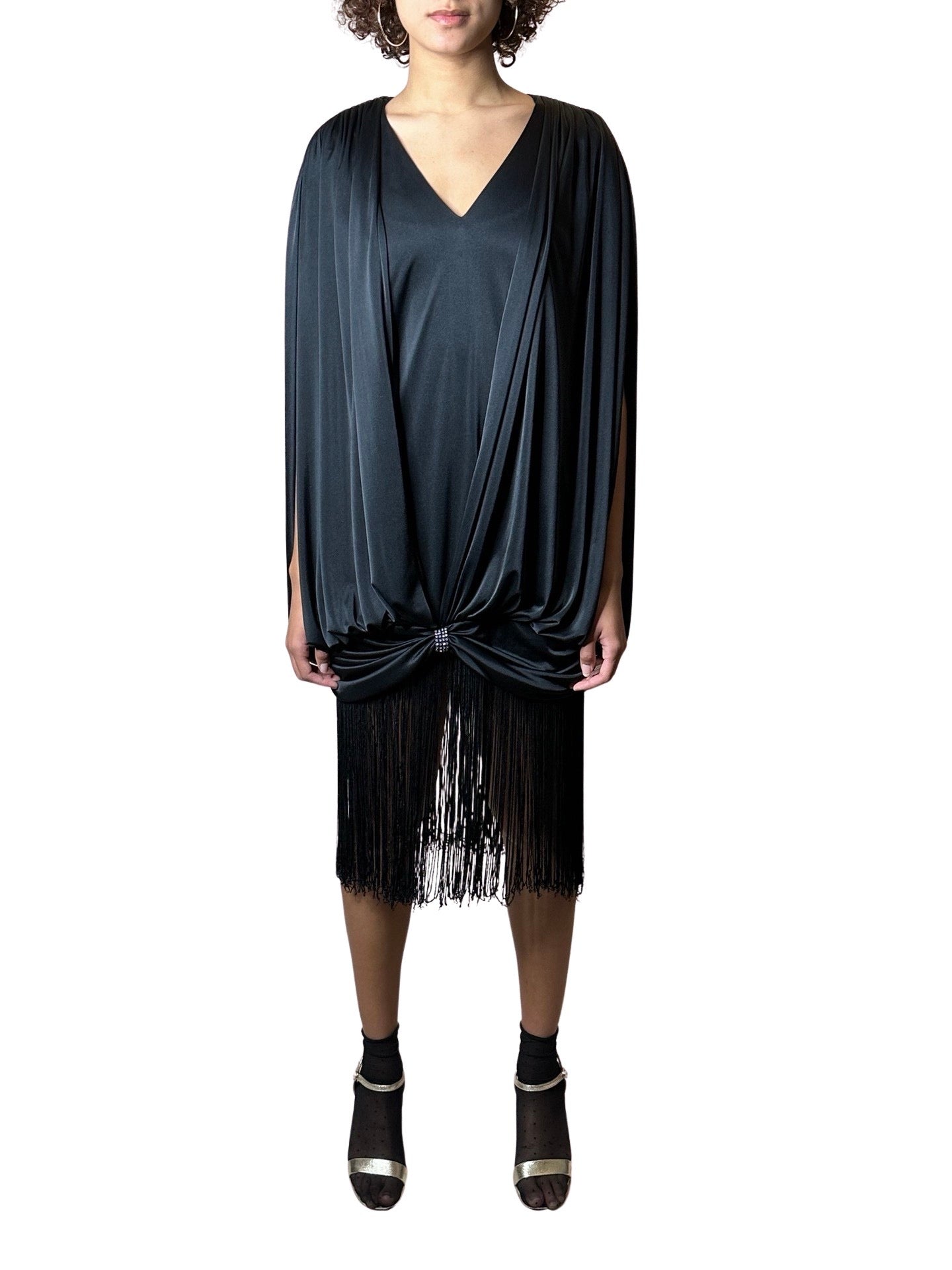 Unusual Original 1980's Vintage Black Dress with Fringing UK 8 - 14