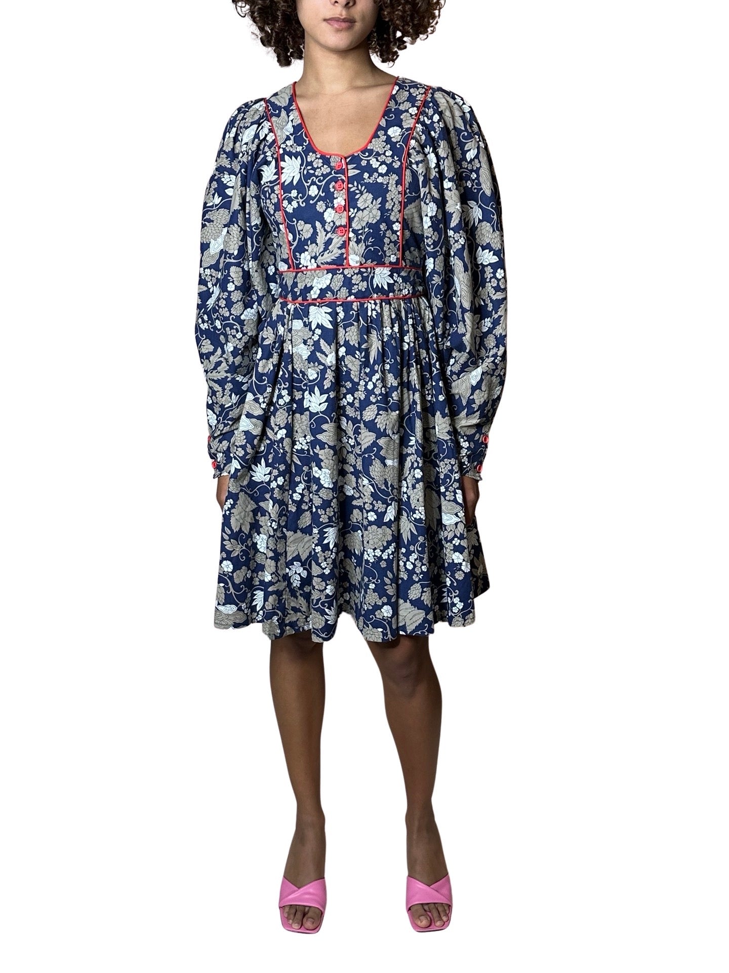 Rare & Original Vintage 1970's Navy Floral Dress UK 10 - 14