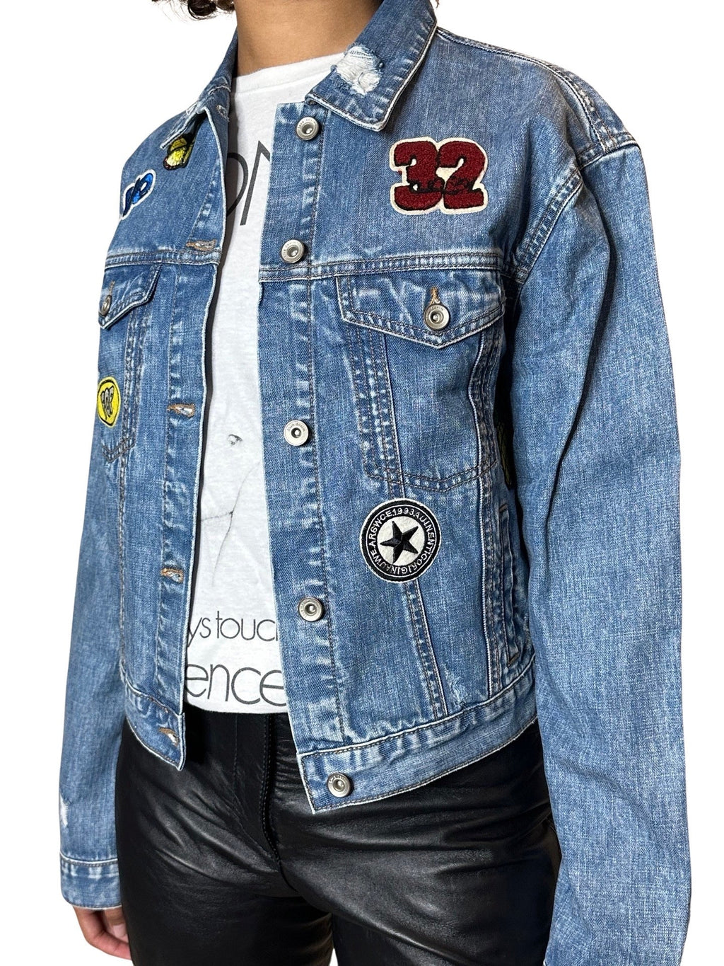 Vintage Blue Distressed Denim Patch Jacket UK 8 - 14