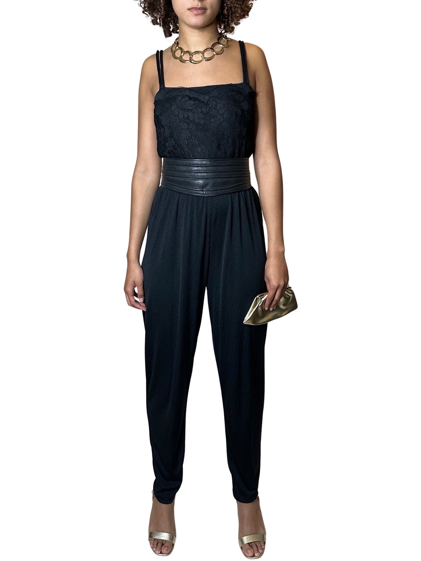 Original 1980's Vintage Jumpsuit In Black With Lace Detailing UK 12 - 14