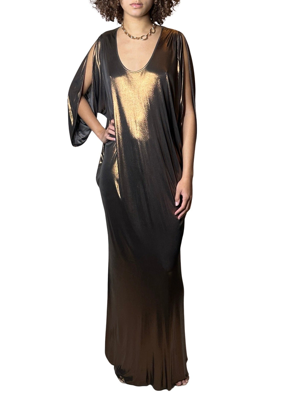 Incredible Vintage Halston Gold / Bronze Kaftan Dress Uk 8 - 14