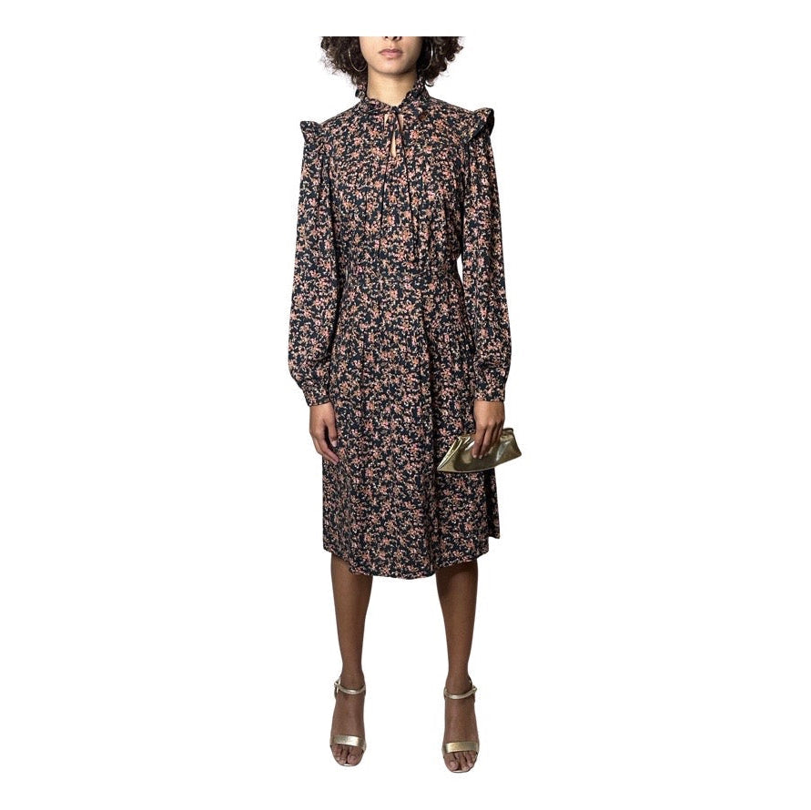 Gorgeous Original 1970's Vintage Black Dress With Floral Print UK 10 - 12